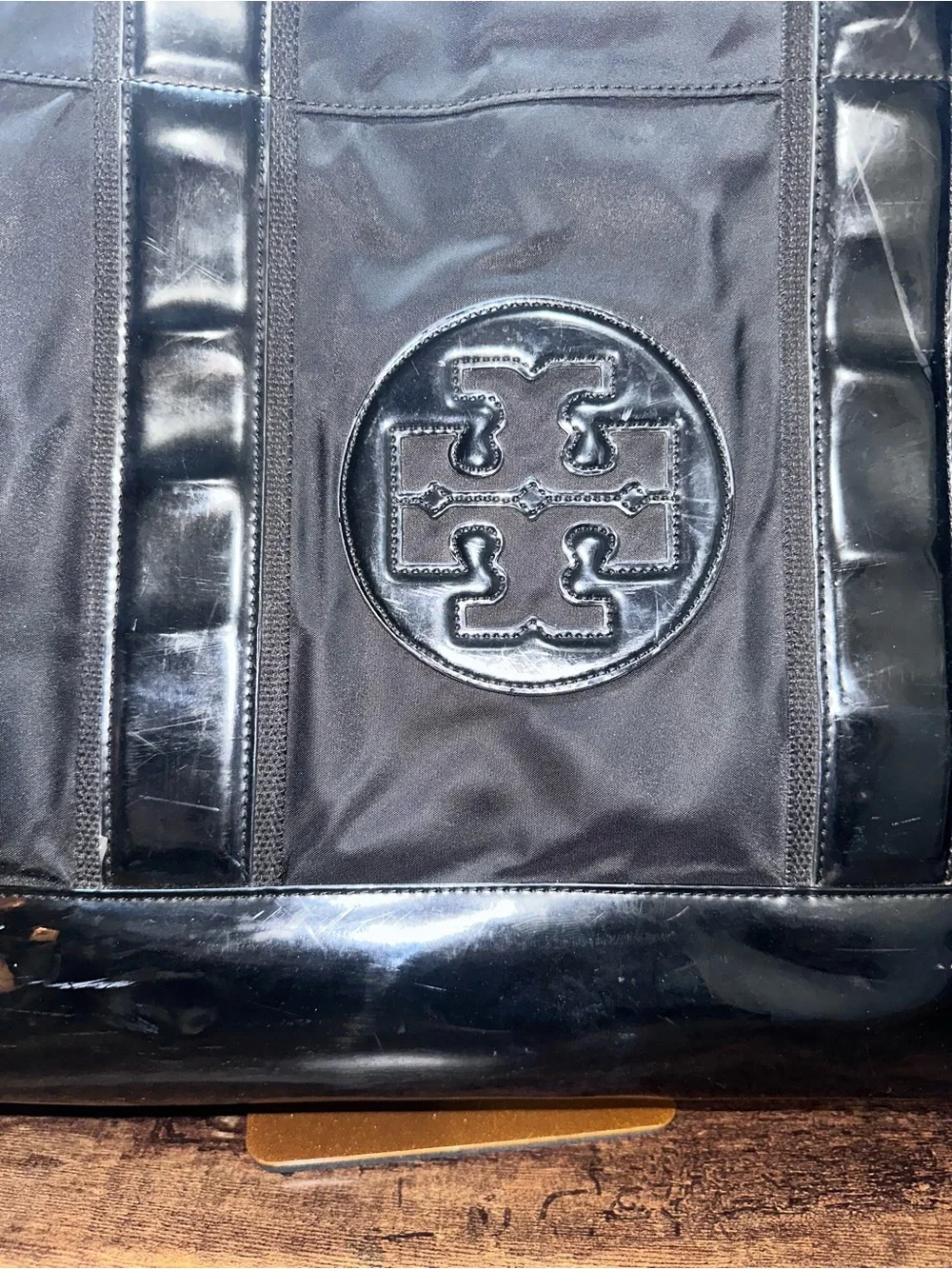 Tory Burch Ella Black Nylon Patent Trim Tote